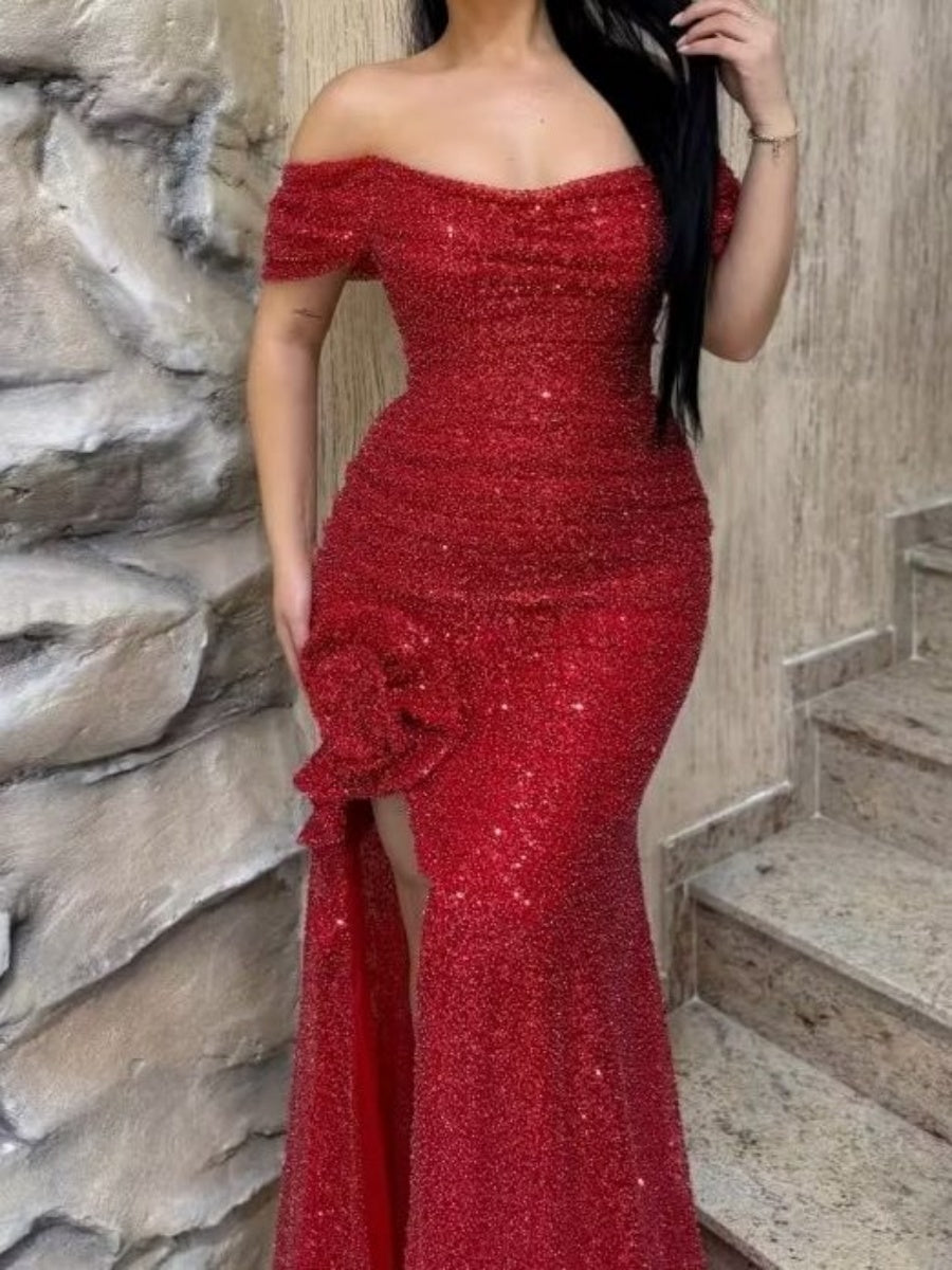 Sheath Off-the-Shoulder Sequin Floor-Length Lace Evening Dress