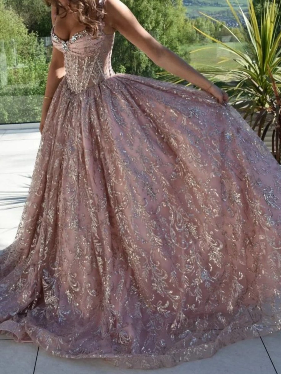 A-line Sweetheart Appliques Lace Sweep Train Lace Corset Evening Dress