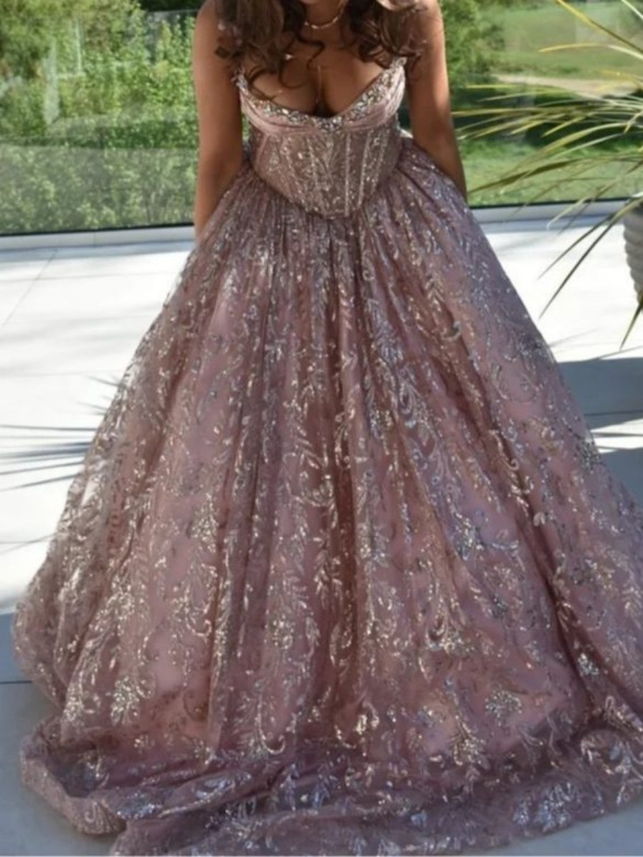 A-line Sweetheart Appliques Lace Sweep Train Lace Corset Evening Dress