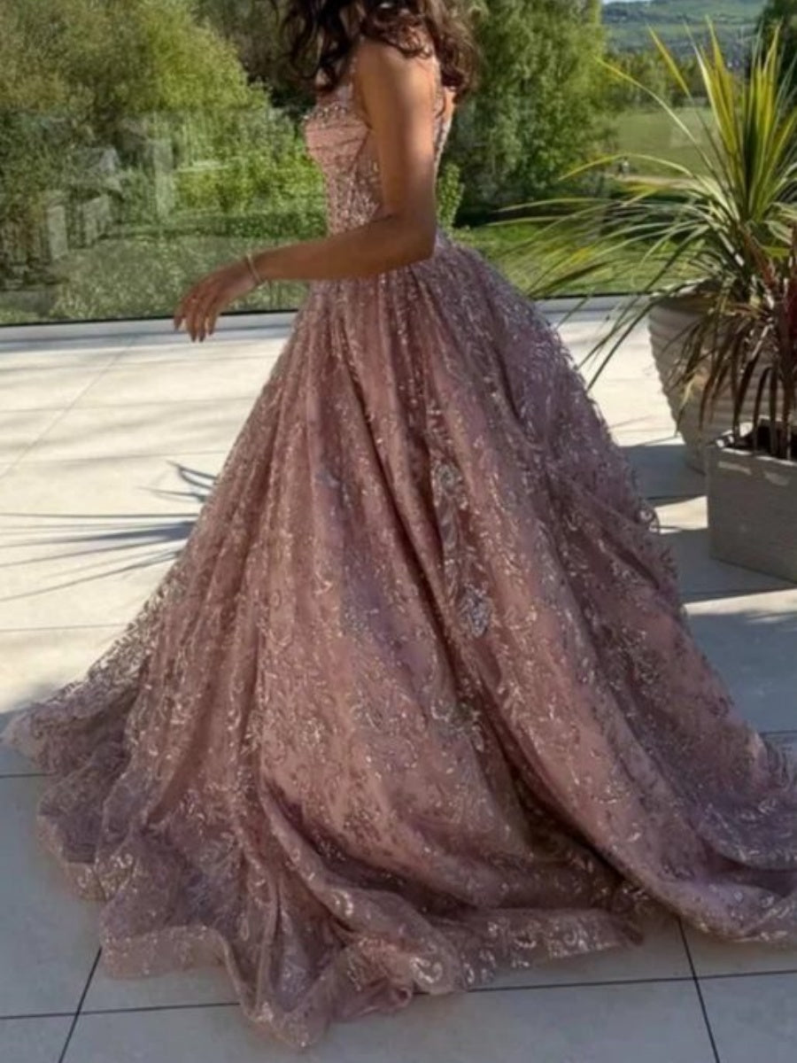 A-line Sweetheart Appliques Lace Sweep Train Lace Corset Evening Dress