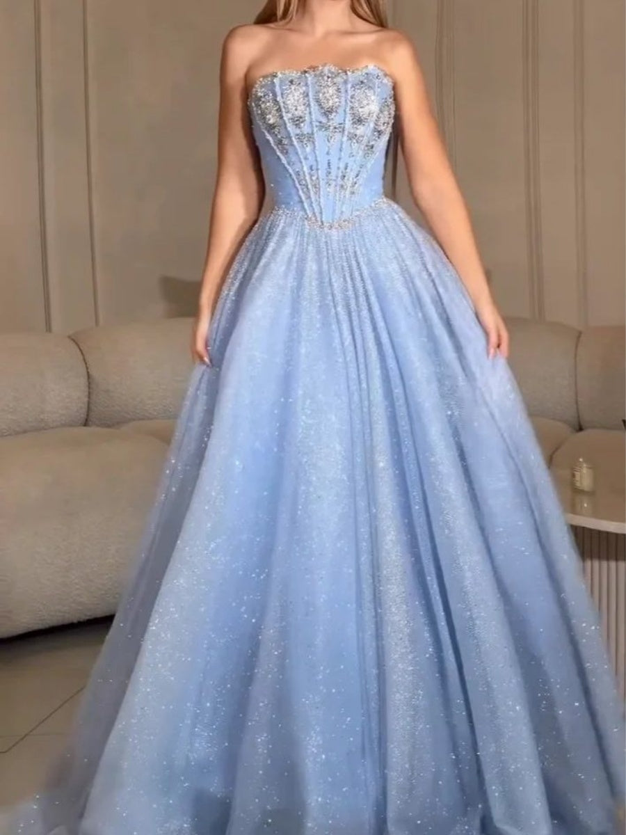 A-line Straight Ruffles Sweep Train Tulle Corset Evening Dress