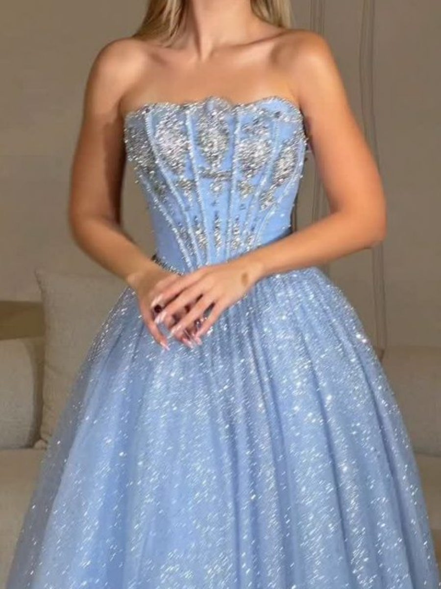 A-line Straight Ruffles Sweep Train Tulle Corset Evening Dress