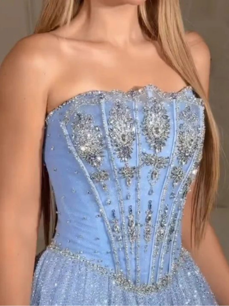 A-line Straight Ruffles Sweep Train Tulle Corset Evening Dress