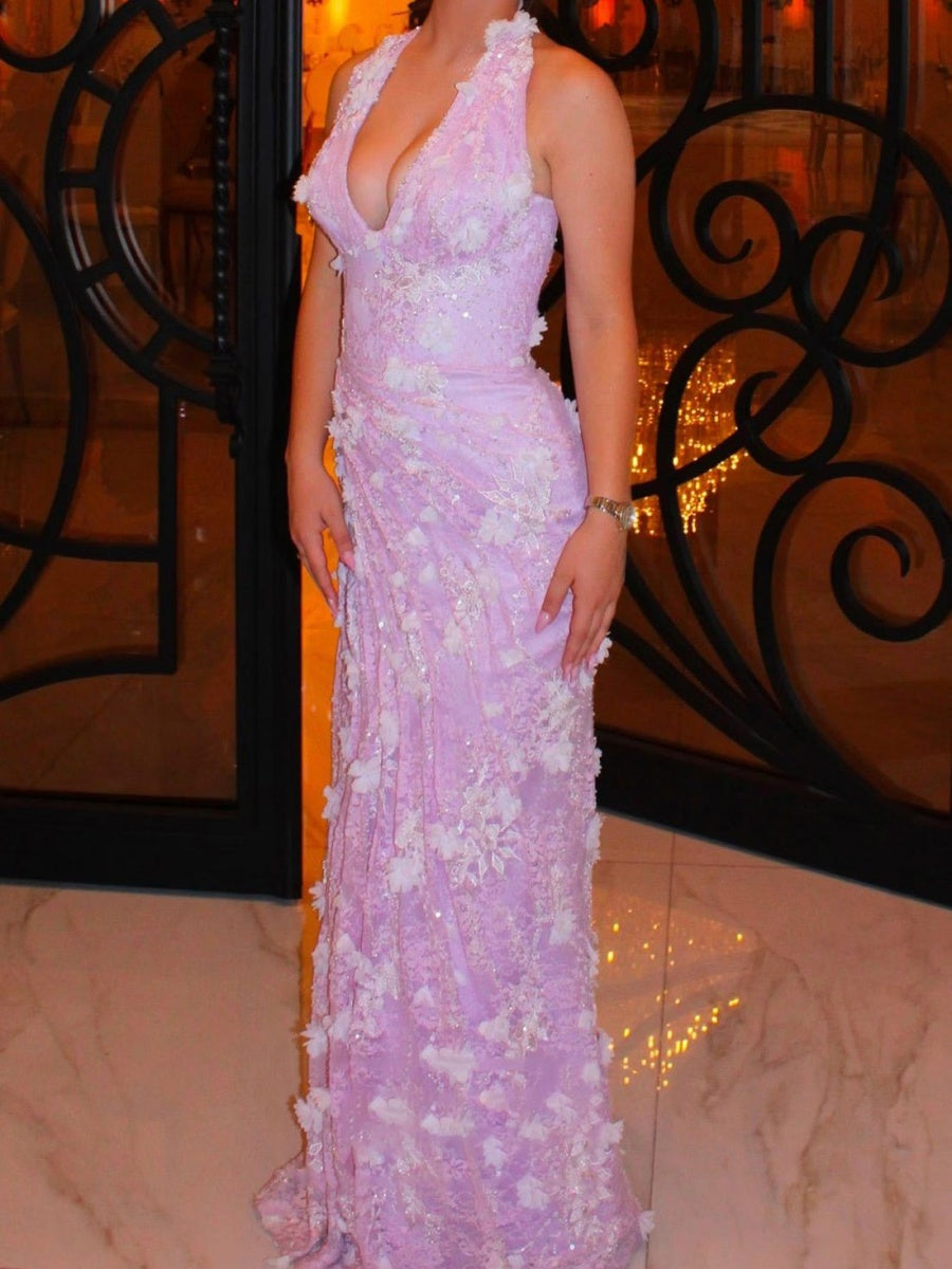 Sheath Halter Flower Floor-Length Lace Corset Evening Dress