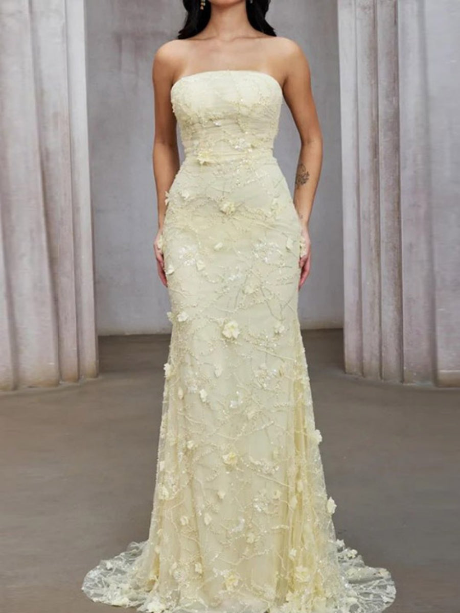 Sheath Straight Flower Sweep Train Lace Corset Evening Dress