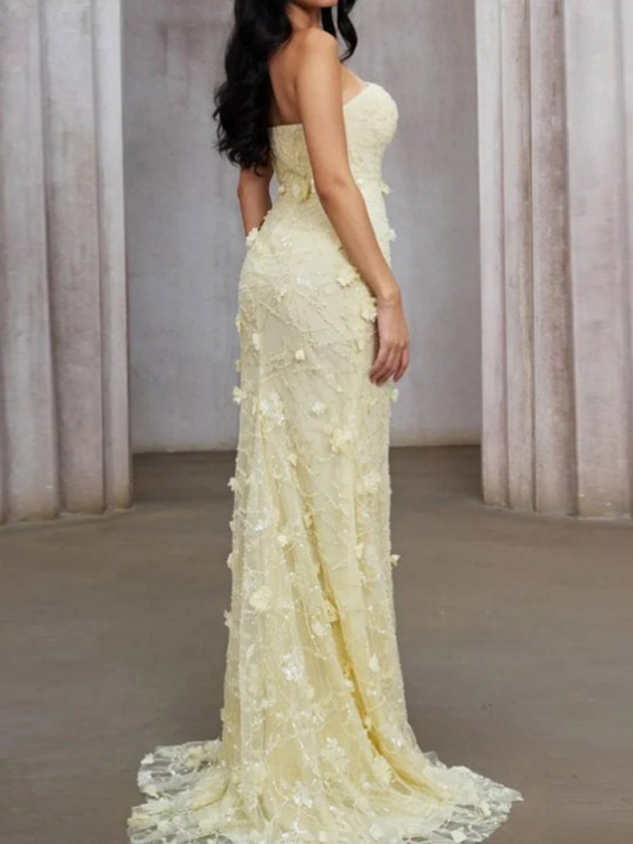 Sheath Straight Flower Sweep Train Lace Corset Evening Dress