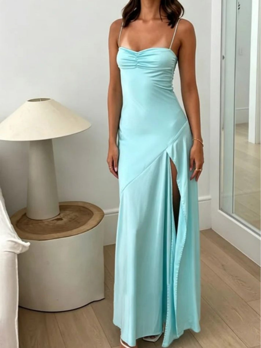 Sheath Spaghetti Straps Ruffles Floor-Length Silk Like Satin Evening Dress