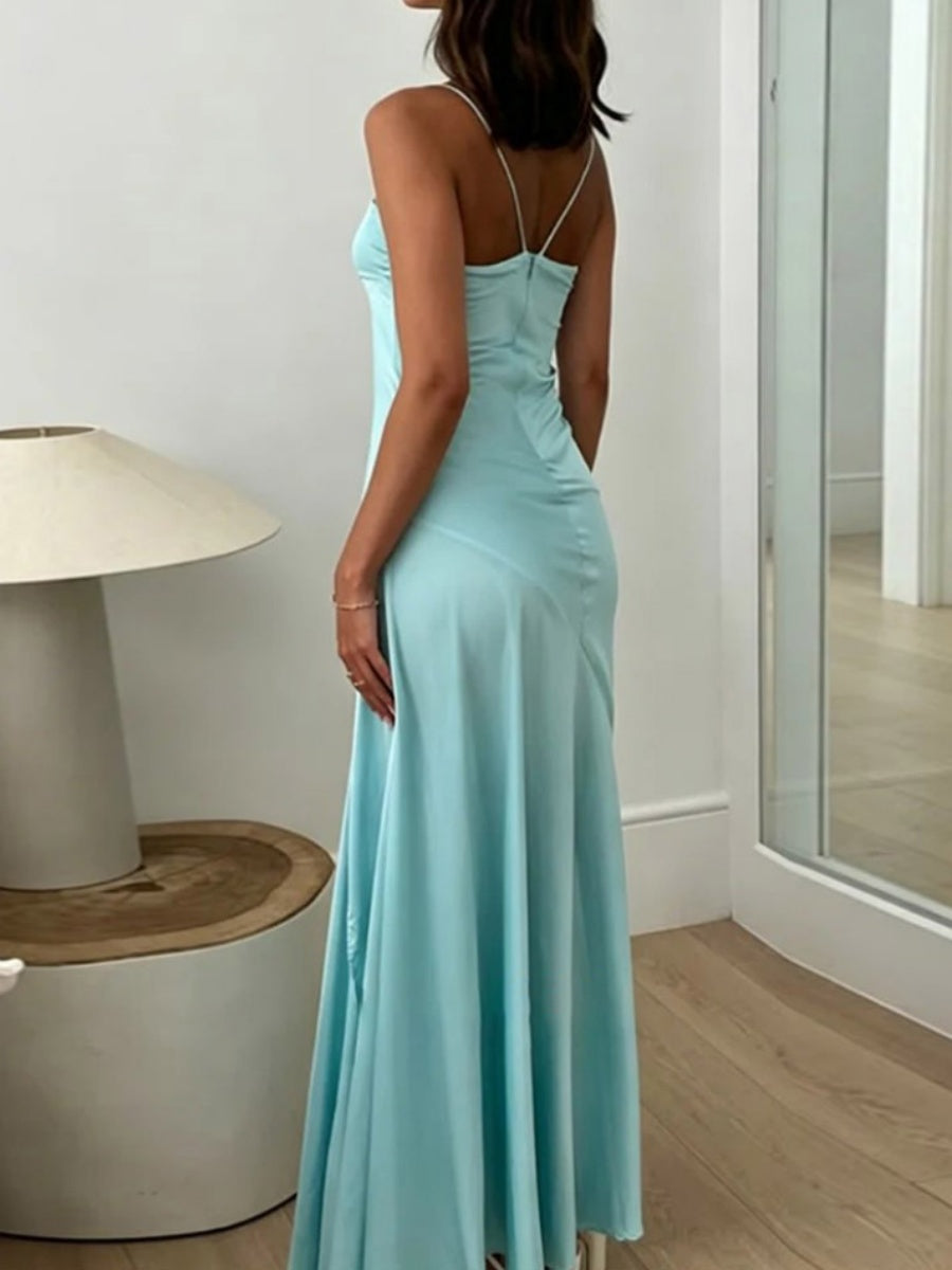 Sheath Spaghetti Straps Ruffles Floor-Length Silk Like Satin Evening Dress