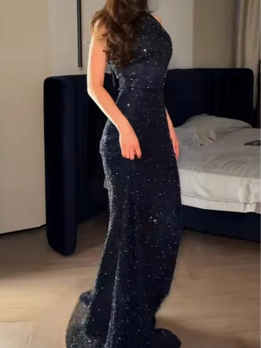 Sheath High Neck Sequin Sweep Train Evening Dress