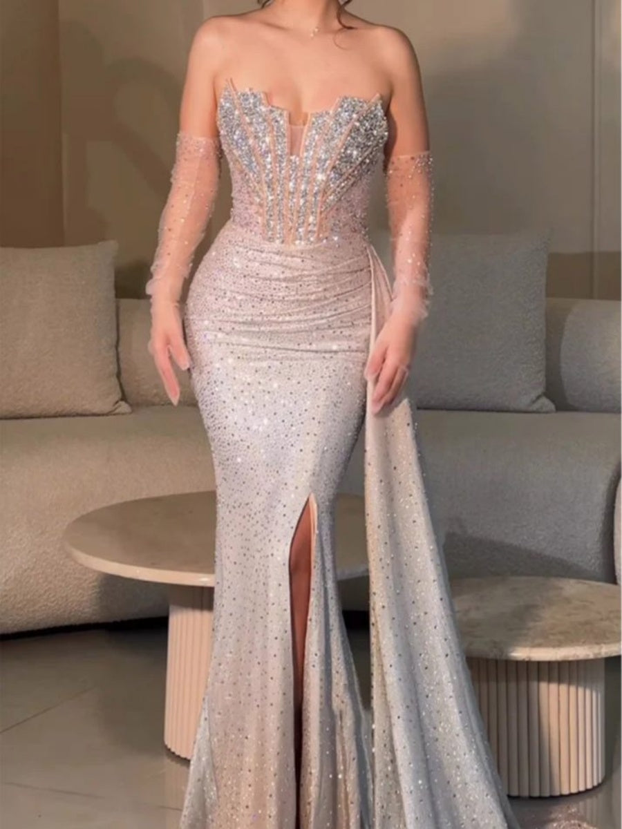 Sheath Sweetheart Pleated Sweep Train Corset Evening Dress