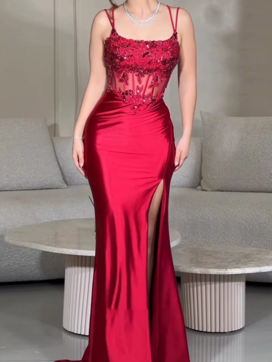 Sheath Spaghetti Straps Appliques Lace Sweep Train Silk Like Satin Corset Evening Dress