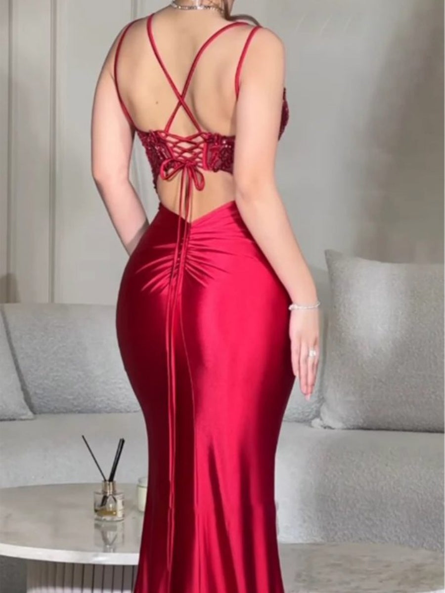 Sheath Spaghetti Straps Appliques Lace Sweep Train Silk Like Satin Corset Evening Dress