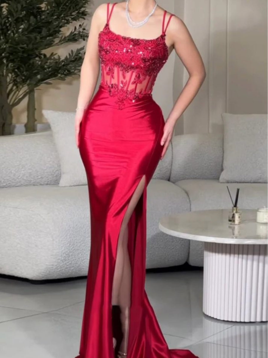 Sheath Spaghetti Straps Appliques Lace Sweep Train Silk Like Satin Corset Evening Dress