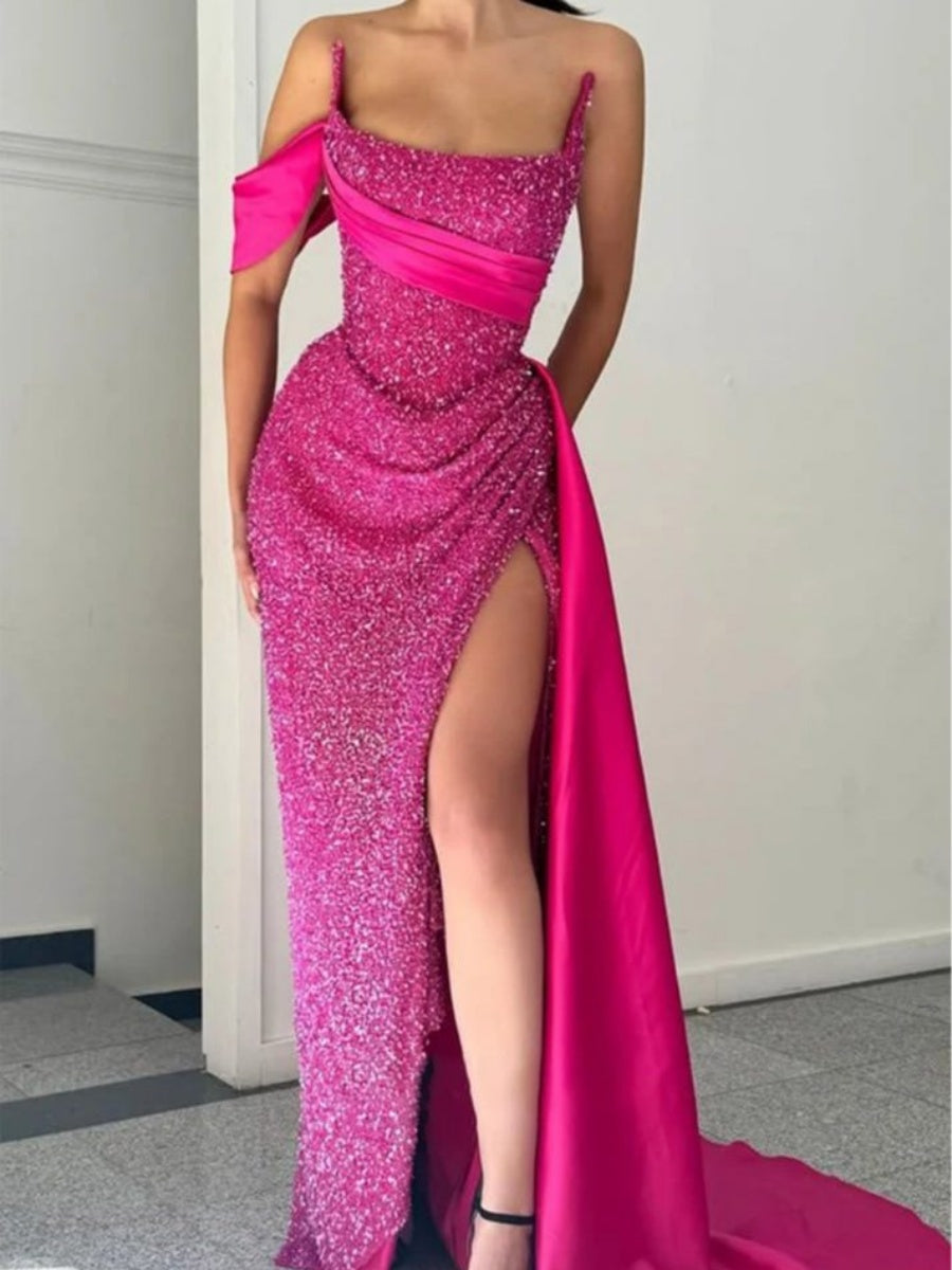 Sheath Square Pleated Court Train Silk Like Satin Corset Evening Dress
