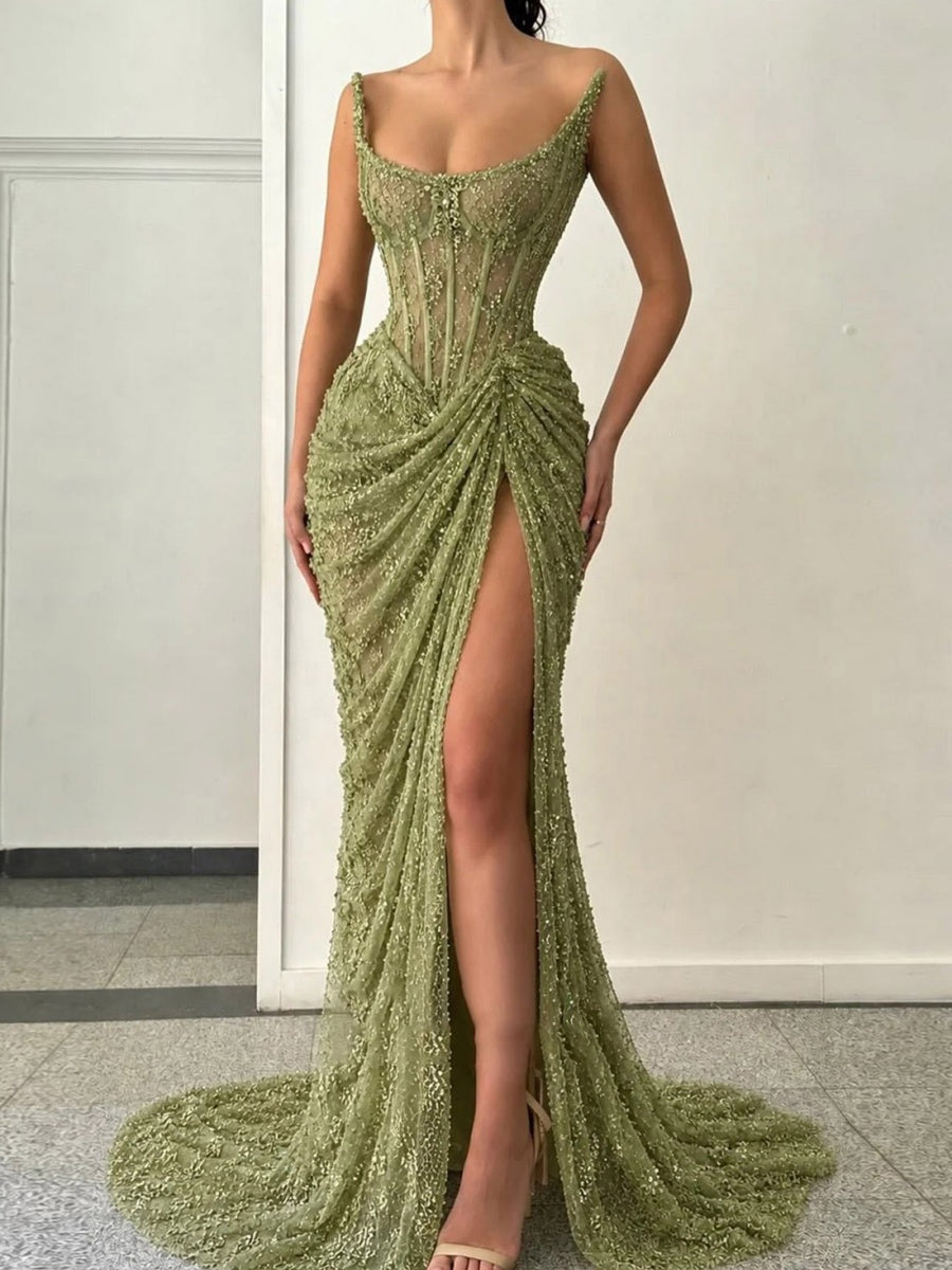 Sheath Square Pleated Sweep Train Lace Corset Evening Dress