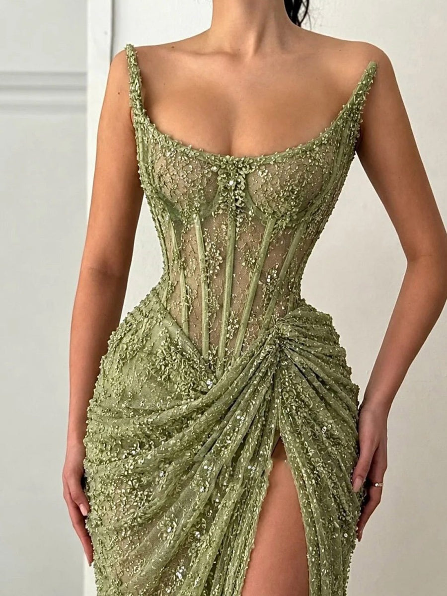 Sheath Square Pleated Sweep Train Lace Corset Evening Dress