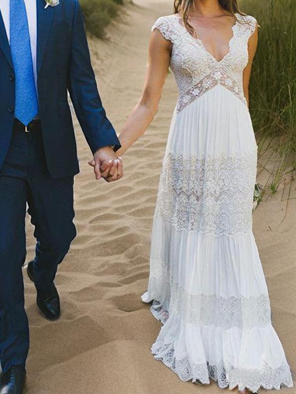 A-line V-neck Short Sleeves Appliques Lace Floor-Length Lace Wedding Dress
