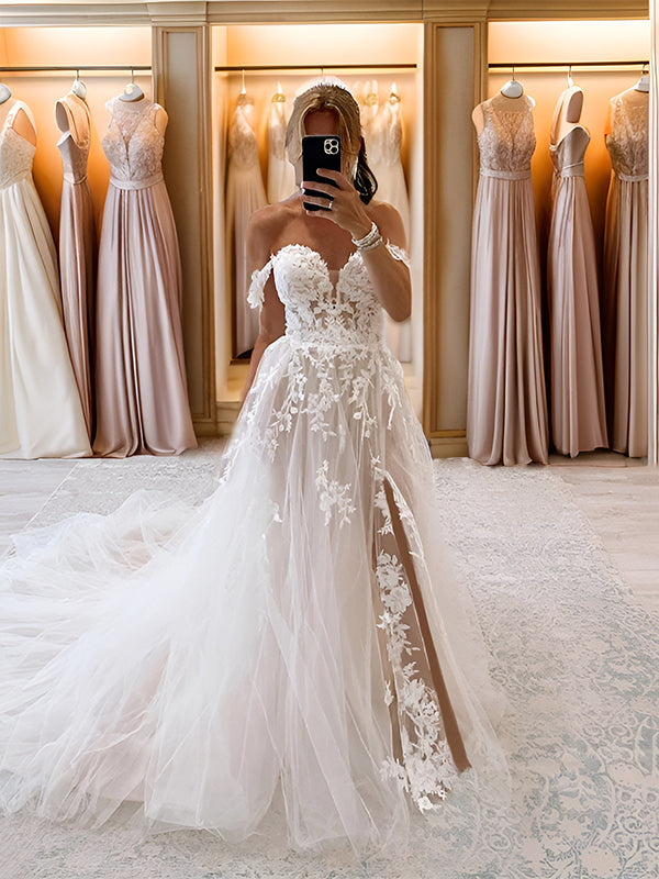 A-line Off-the-Shoulder Appliques Lace Chapel Train Tulle Wedding Dress