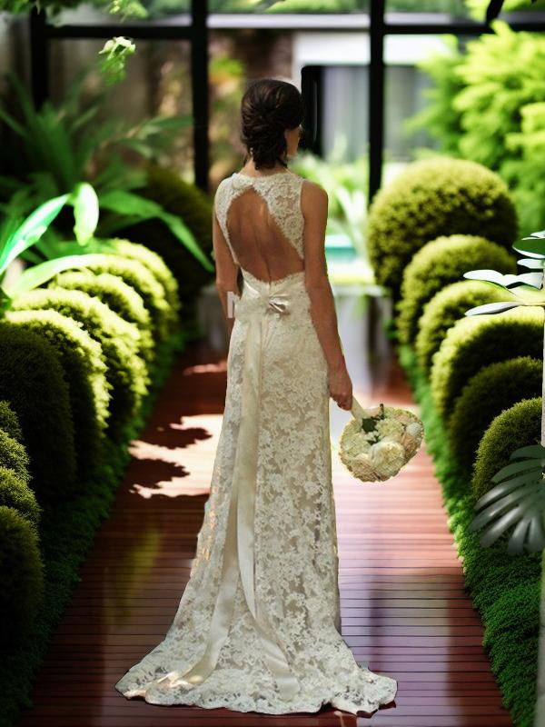 Sheath V-neck Appliques Lace Court Train Lace Wedding Dress