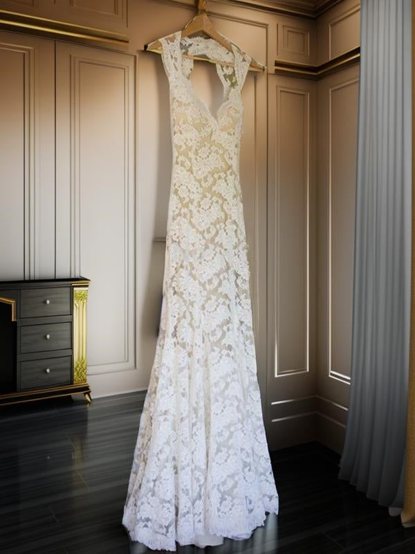 Sheath V-neck Appliques Lace Court Train Lace Wedding Dress