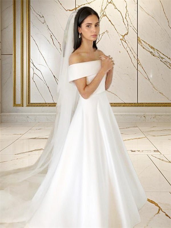 A-line Off-the-Shoulder Sweep Train Satin Wedding Dress