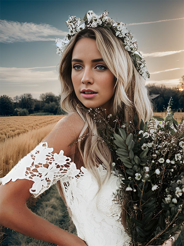 Mermaid Off-the-Shoulder Short Sleeves Applique Court Train Lace Wedding Dress