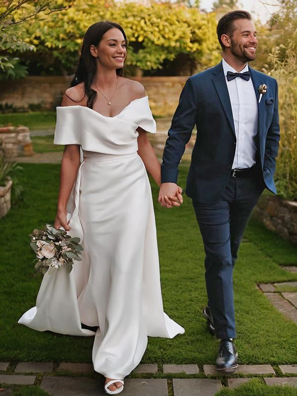 Sheath Off-the-Shoulder Short Sleeves Ruffles Sweep Train Charmeuse Wedding Dress