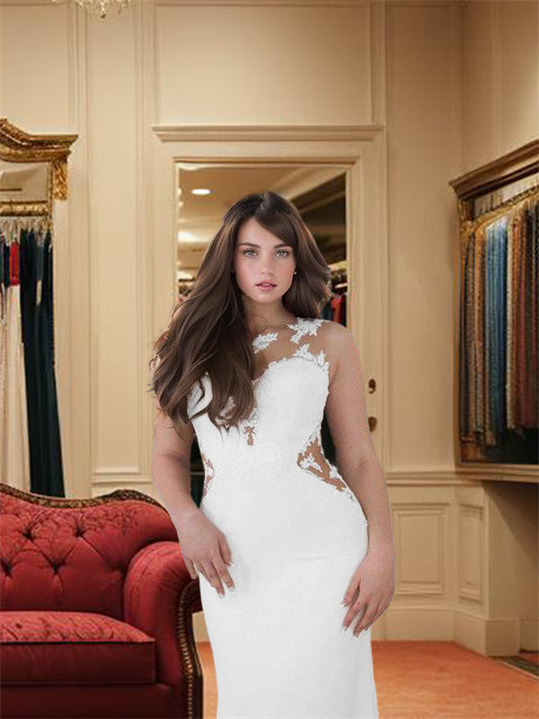 Mermaid Scoop Applique Sweep Train Stretch Crepe Wedding Dress