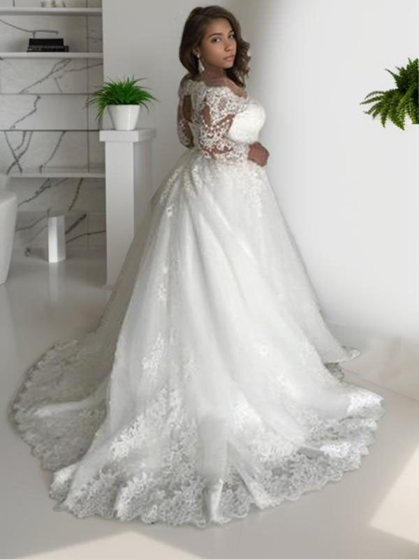 A-line Off-the-Shoulder Long Sleeves Lace Court Train Tulle Wedding Dress