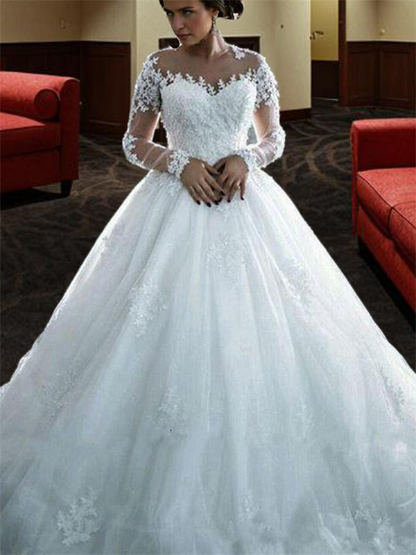 Ball-Gown Bateau 3/4 Sleeves Beading Court Train Tulle Wedding Dress