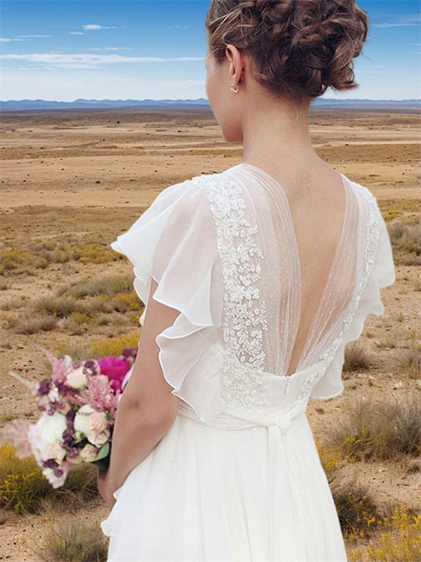 A-line V-neck Short Sleeves Ruched Floor-Length Chiffon Wedding Dress
