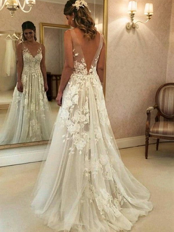 A-line V-neck Hand-Made Flower Sweep Train Tulle Wedding Dress