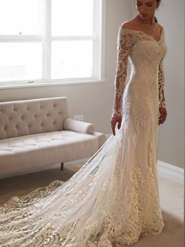 Sheath Off-the-Shoulder Long Sleeves Applique Court Train Lace Wedding Dress