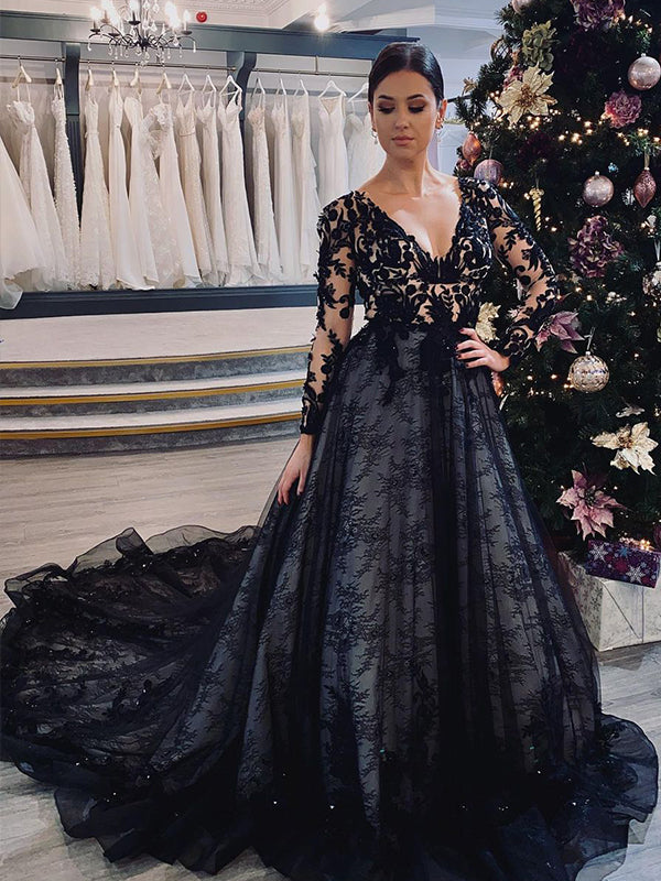 A-line V-neck Long Sleeves Appliques Lace Court Train Lace Wedding Dress