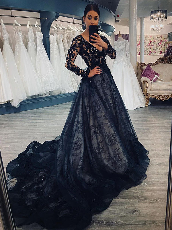 A-line V-neck Long Sleeves Appliques Lace Court Train Lace Wedding Dress