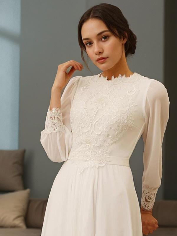 A-line Jewel Long Sleeves Lace Floor-Length Chiffon Wedding Dress