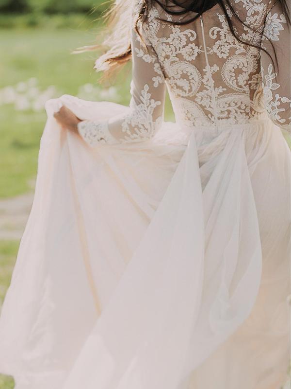 A-line V-neck Long Sleeves Applique Sweep Train Tulle Wedding Dress