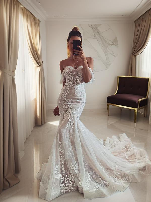 Mermaid Off-the-Shoulder Applique Sweep Train Tulle Wedding Dress