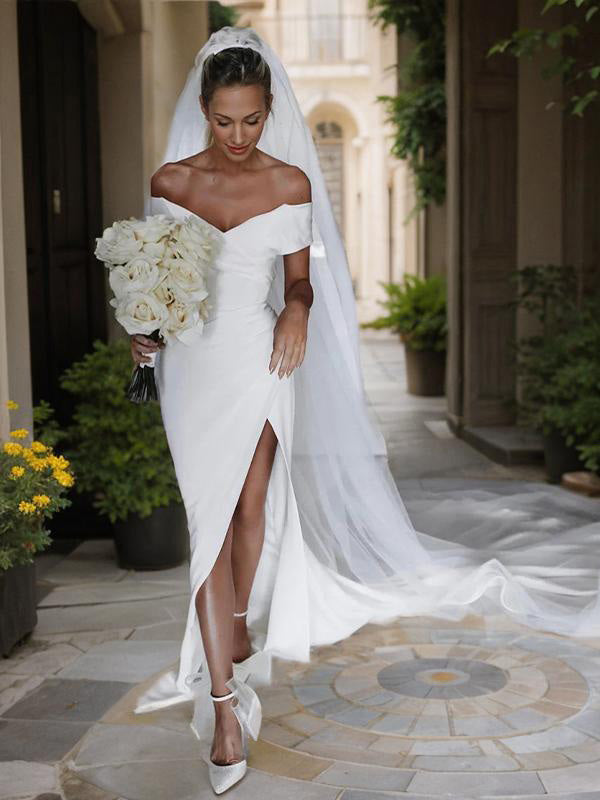 Sheath Off-the-Shoulder Pleated Chapel Train Stretch Crepe Wedding Dress