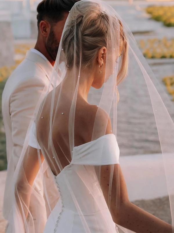 Sheath Off-the-Shoulder Pleated Chapel Train Stretch Crepe Wedding Dress