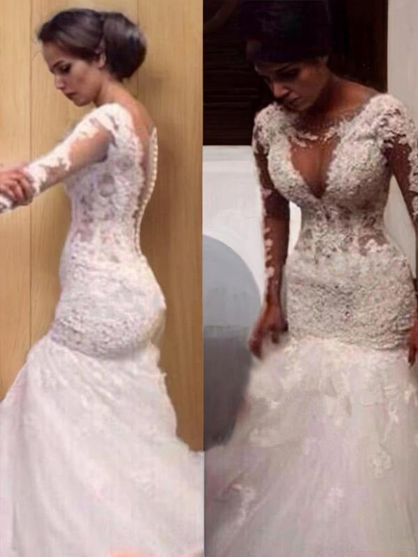 Mermaid V-neck Long Sleeves Lace Floor-Length Tulle Wedding Dress
