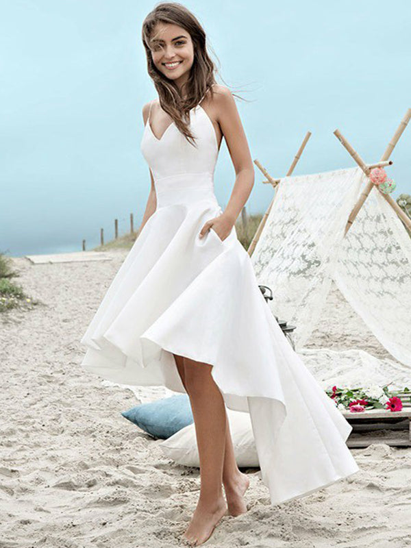 A-line Spaghetti Straps Ruched Asymmetrical Satin Wedding Dress