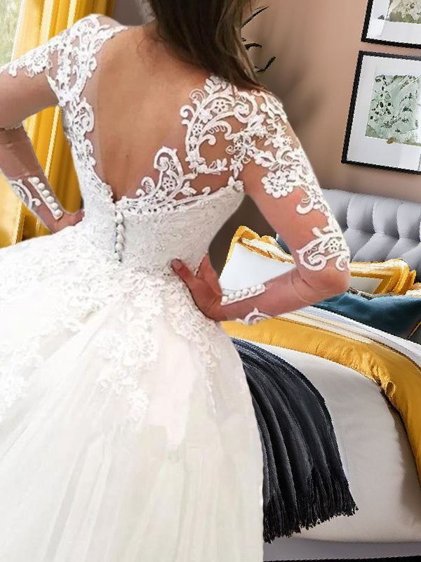 Ball-Gown V-neck Long Sleeves Appliques Lace Cathedral Train Tulle Wedding Dress