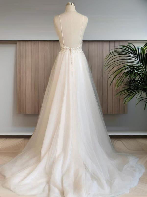 A-line V-neck Applique Sweep Train Tulle Wedding Dress