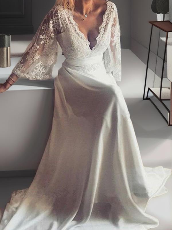 A-line V-neck Long Sleeves Sash/Ribbon/Belt Court Train Lace Wedding Dress