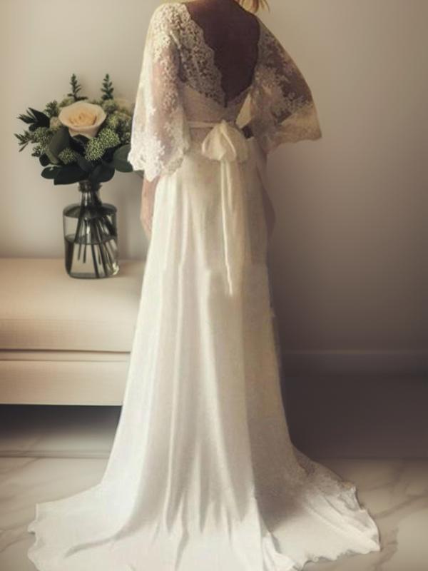 A-line V-neck Long Sleeves Sash/Ribbon/Belt Court Train Lace Wedding Dress