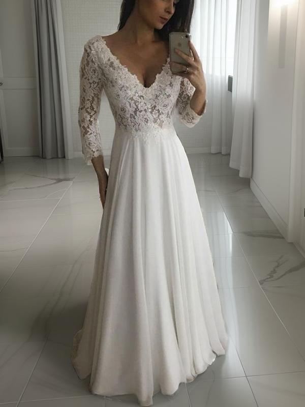 A-line V-neck 3/4 Sleeves Applique Floor-Length Chiffon Wedding Dress