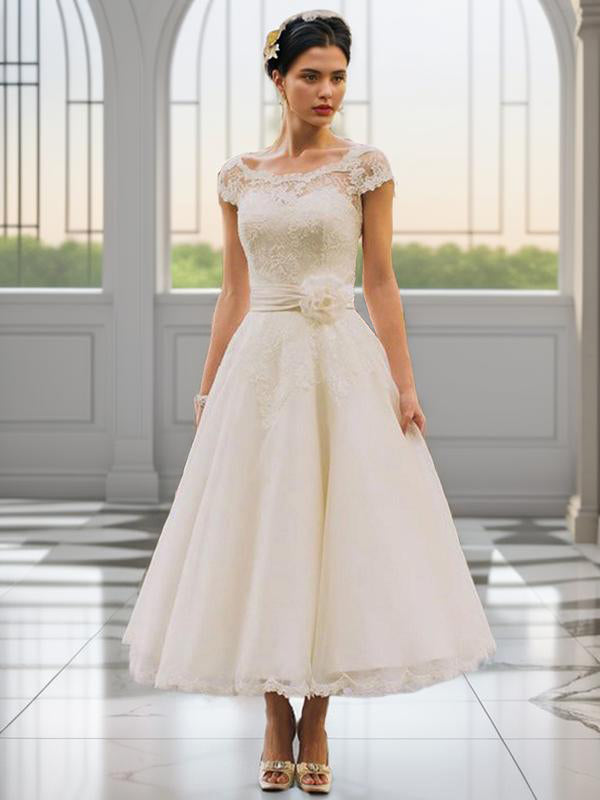 A-line Scoop Short Sleeves Flower Tea-Length Tulle Wedding Dress