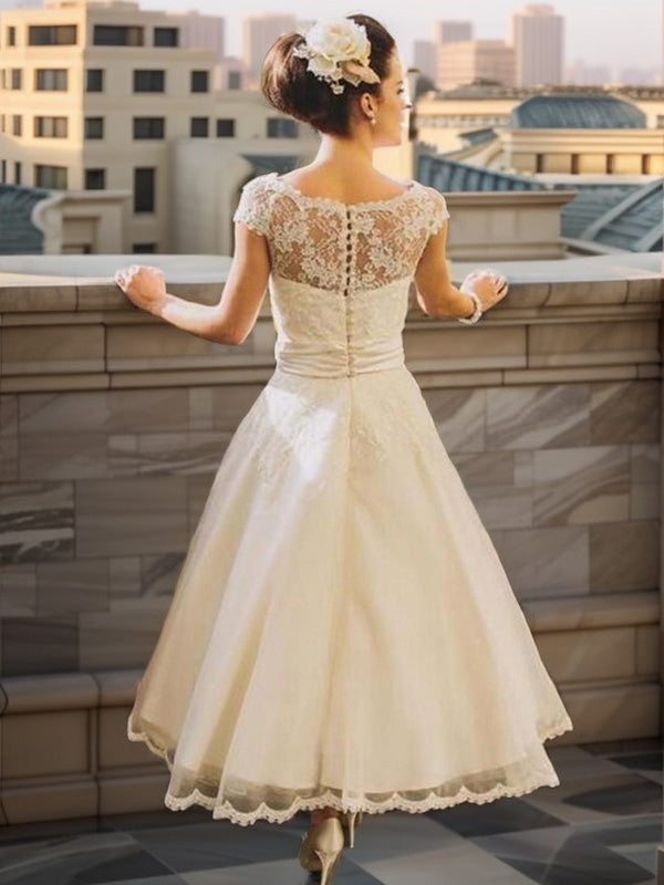 A-line Scoop Short Sleeves Flower Tea-Length Tulle Wedding Dress
