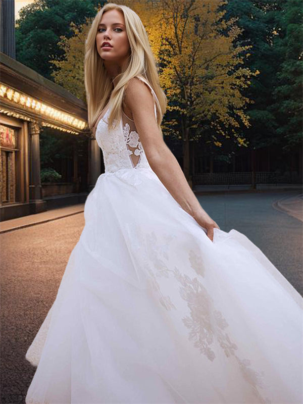 A-line V-neck Appliques Lace Sweep Train Lace Wedding Dress